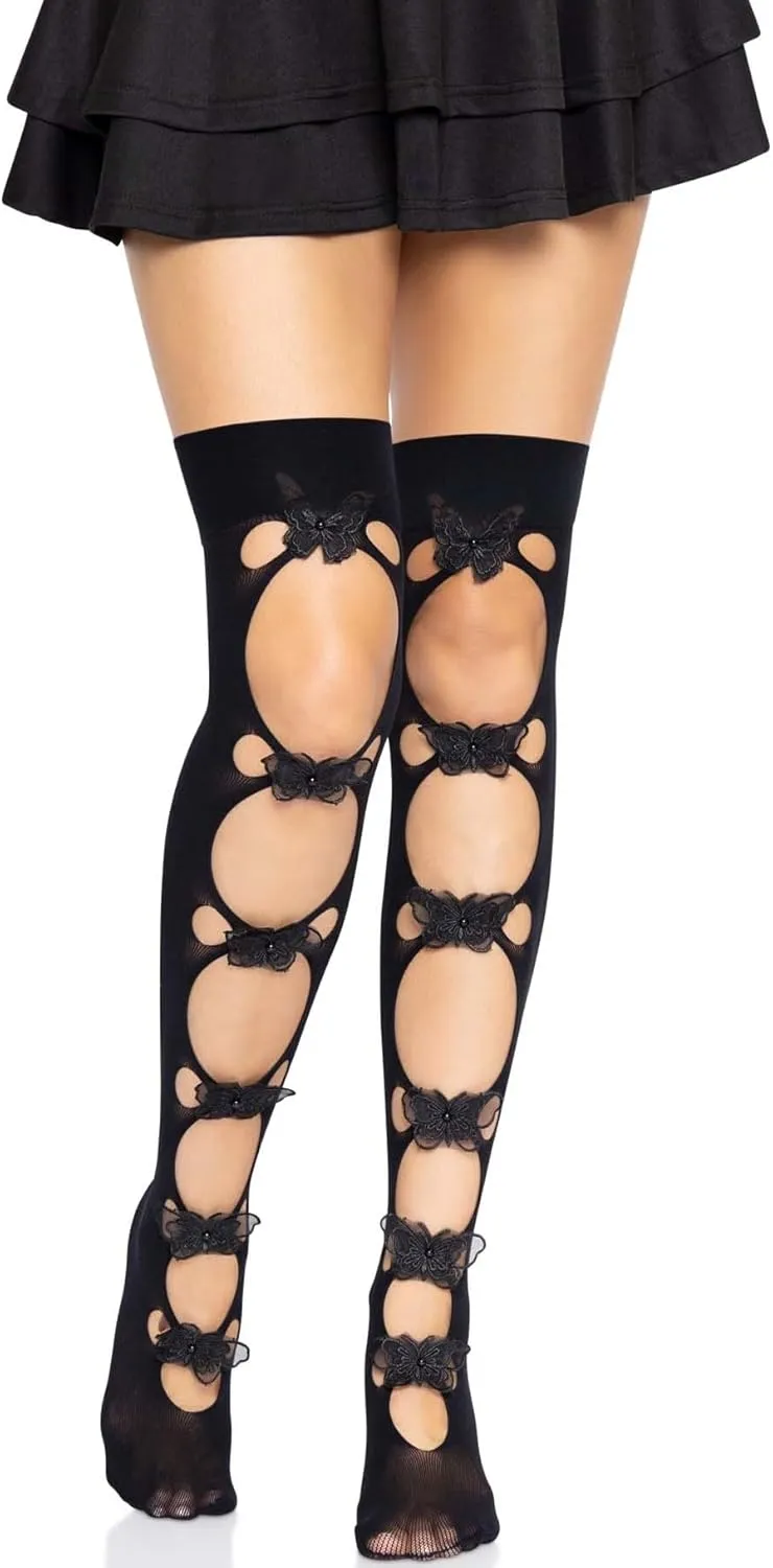 Leg Avenue Womens Opaque Net Cut-out Butterfly Applique Thigh Highs