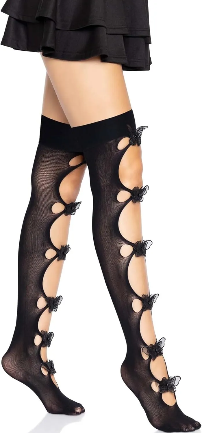 Leg Avenue Womens Opaque Net Cut-out Butterfly Applique Thigh Highs
