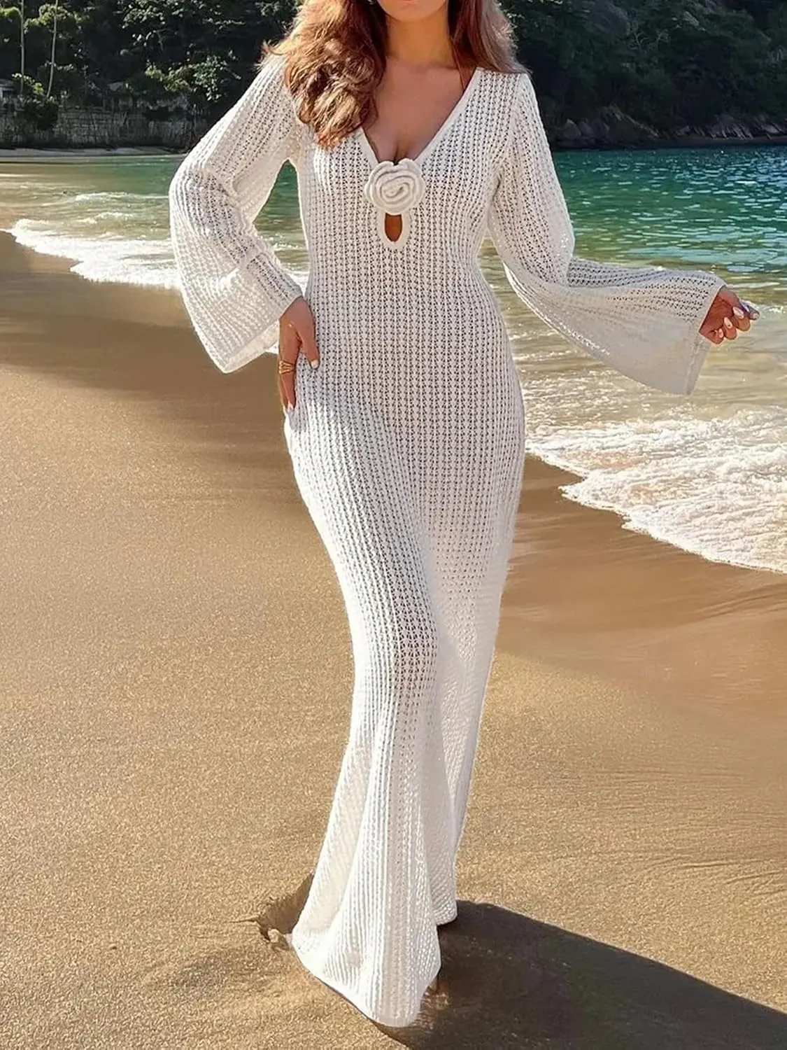 Leoparts Women's Knitted Swimsuit Cover Up 3D Floral Hollow Out Open Back Tie-Up Maxi Dress Beachwear Coverup Dresses