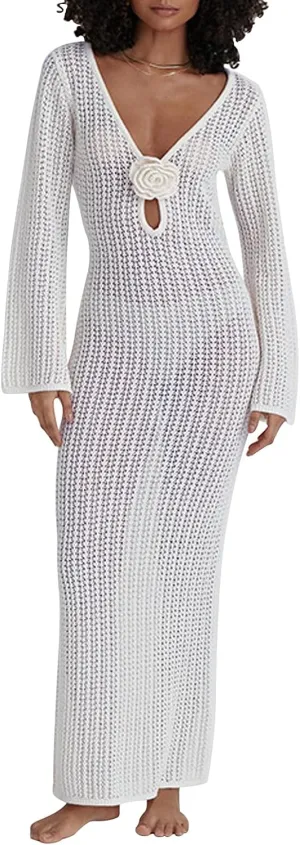 Leoparts Women's Knitted Swimsuit Cover Up 3D Floral Hollow Out Open Back Tie-Up Maxi Dress Beachwear Coverup Dresses