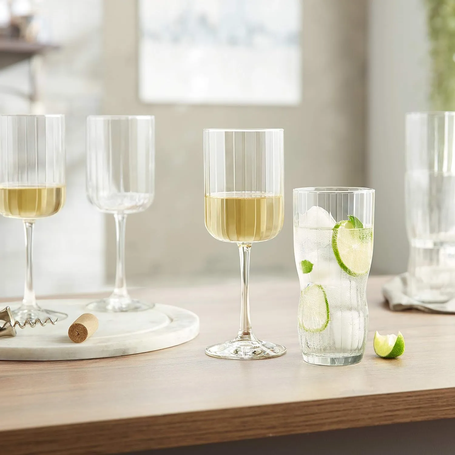 Libbey Paneled Stemmed Wine Glasses Set of 4, 13.5 Oz Fine Ribbed Line Clear All-Purpose for Cocktails and Spritzers