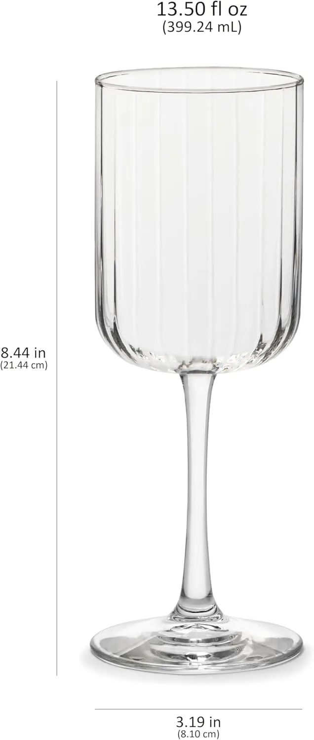 Libbey Paneled Stemmed Wine Glasses Set of 4, 13.5 Oz Fine Ribbed Line Clear All-Purpose for Cocktails and Spritzers