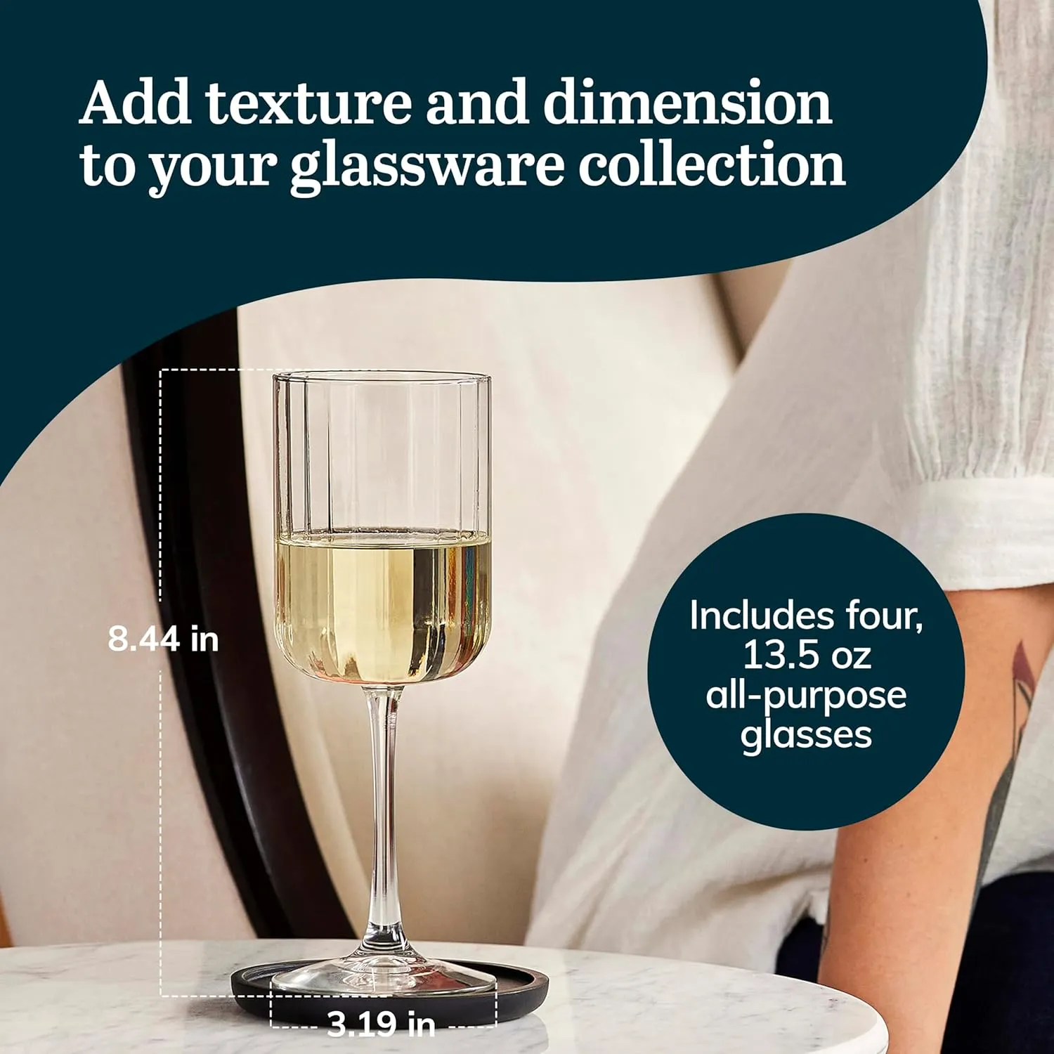 Libbey Paneled Stemmed Wine Glasses Set of 4, 13.5 Oz Fine Ribbed Line Clear All-Purpose for Cocktails and Spritzers