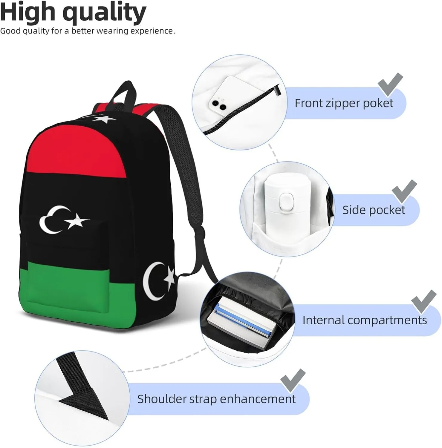 Libyan Flag Print Laptop Backpack For Women Travel Canvas Bookbag For Men Outdoor Fashion Casual Daypack