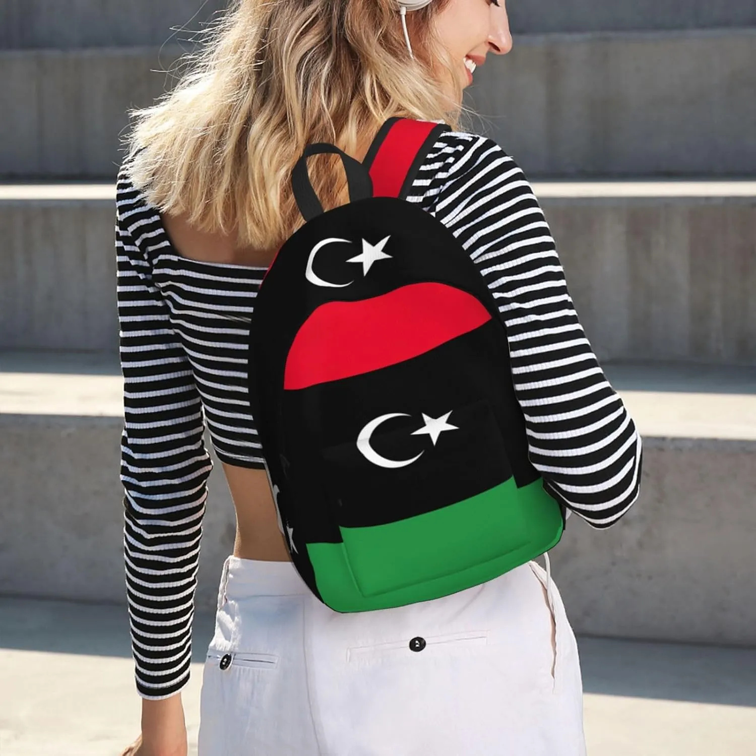 Libyan Flag Print Laptop Backpack For Women Travel Canvas Bookbag For Men Outdoor Fashion Casual Daypack