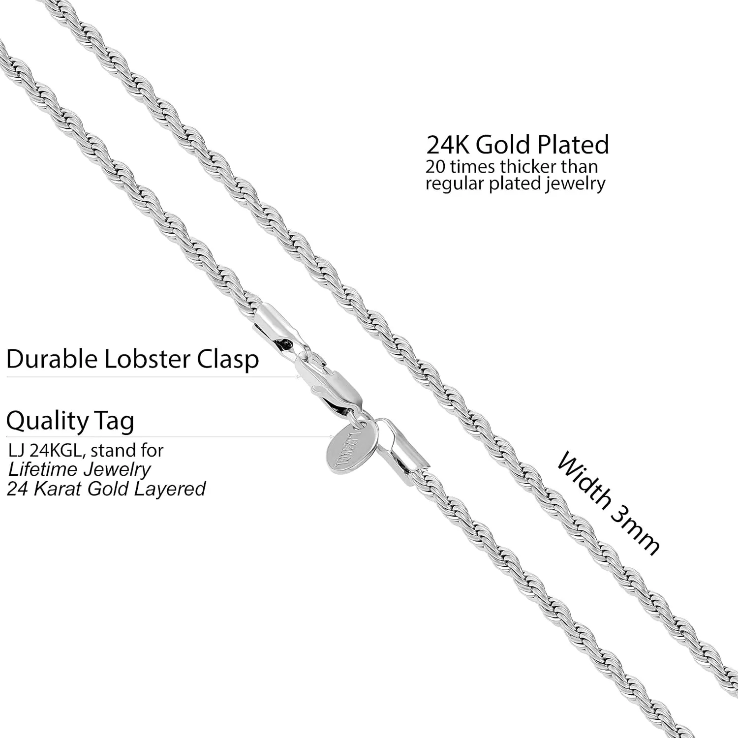 LIFETIME JEWELRY 24k Gold Plated 3mm Gold Rope Chain for Men & Women Diamond Cut Gold Chain Necklace Women & Necklace for Men 14 to 36 Inch
