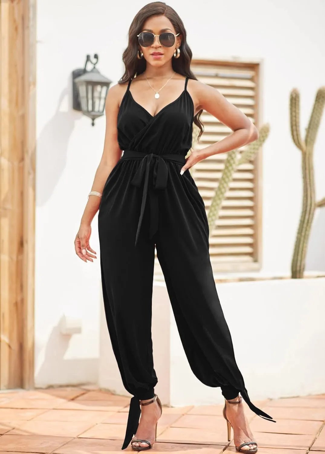 LightlyKiss Casual Summer Dressy Jumpsuits for Women Spaghetti Strap Wide Leg Split Long Pants Loose Fit Rompers