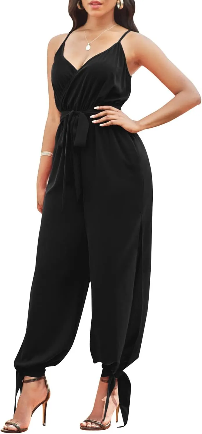 LightlyKiss Casual Summer Dressy Jumpsuits for Women Spaghetti Strap Wide Leg Split Long Pants Loose Fit Rompers