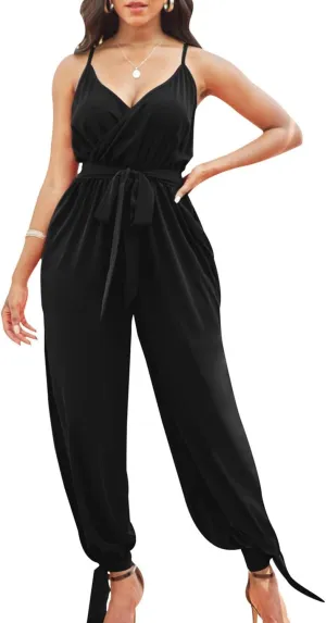 LightlyKiss Casual Summer Dressy Jumpsuits for Women Spaghetti Strap Wide Leg Split Long Pants Loose Fit Rompers
