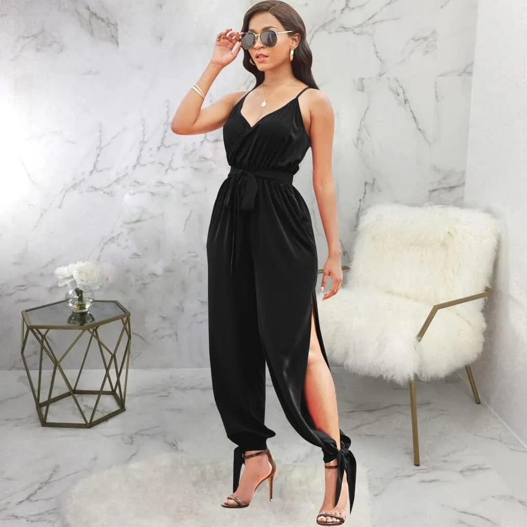 LightlyKiss Casual Summer Dressy Jumpsuits for Women Spaghetti Strap Wide Leg Split Long Pants Loose Fit Rompers