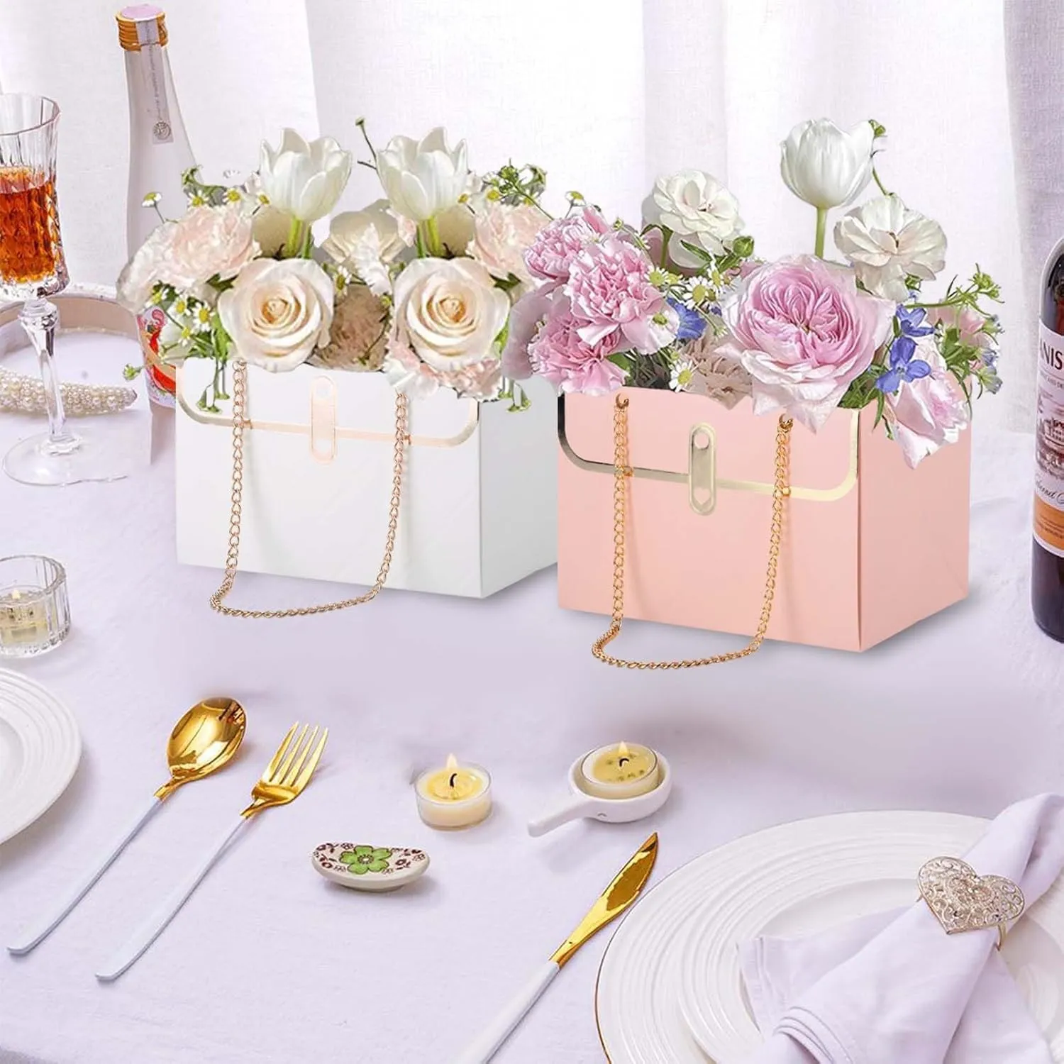 LIJINGCHEN 15 Pcs Flower Paper Gift Bag, Bouquet Portable Flower Handbag Box with Metal Chain, Wedding Gift Wrap Bag, Small Florist Carrier Bag, Flower Wrap Bags Bouquet Storage Bucket (5.9*3.9*4.1IN)