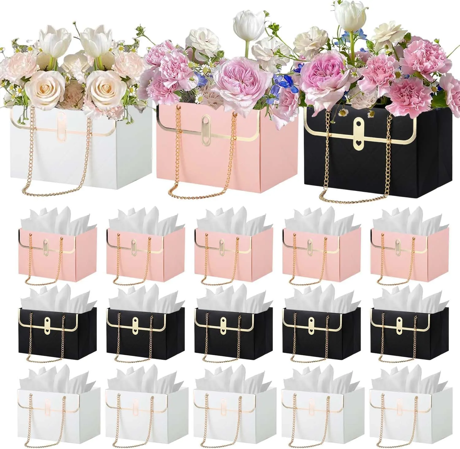LIJINGCHEN 15 Pcs Flower Paper Gift Bag, Bouquet Portable Flower Handbag Box with Metal Chain, Wedding Gift Wrap Bag, Small Florist Carrier Bag, Flower Wrap Bags Bouquet Storage Bucket (5.9*3.9*4.1IN)
