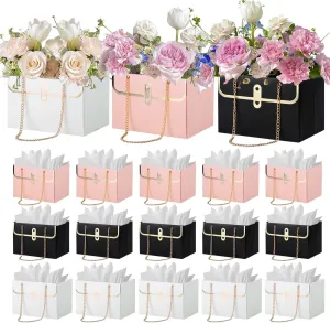LIJINGCHEN 15 Pcs Flower Paper Gift Bag, Bouquet Portable Flower Handbag Box with Metal Chain, Wedding Gift Wrap Bag, Small Florist Carrier Bag, Flower Wrap Bags Bouquet Storage Bucket (5.9*3.9*4.1IN)