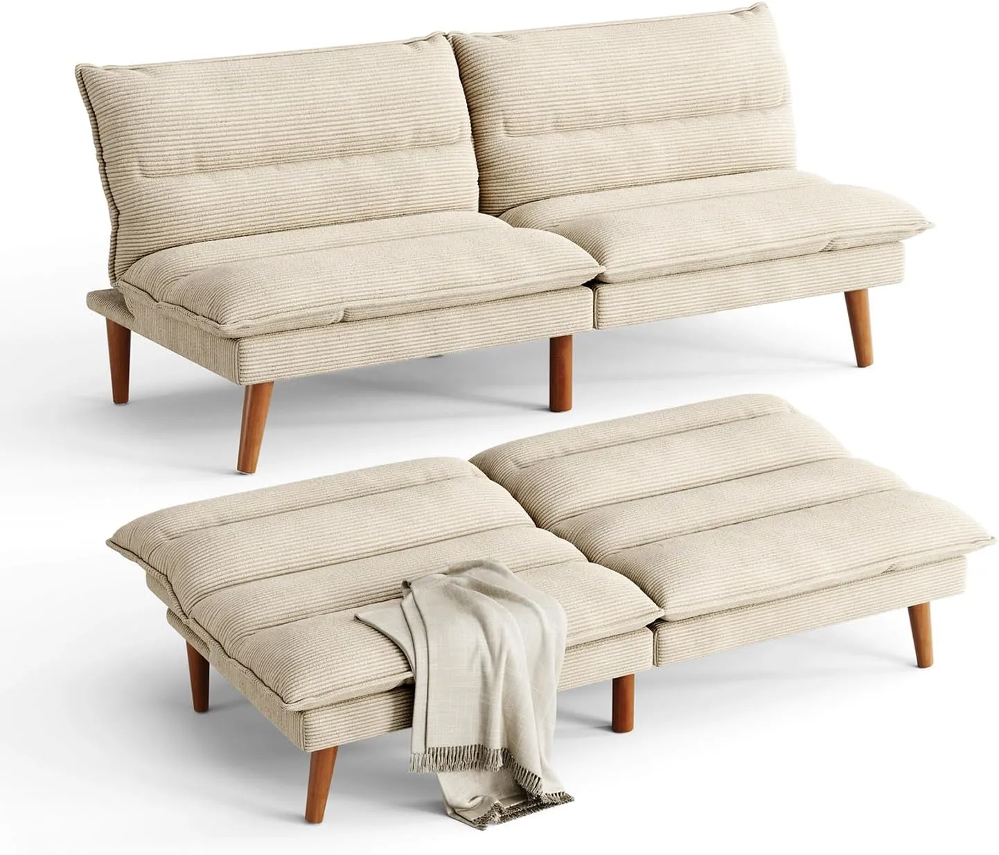LINSY Futon Sofa Bed: 71 Inch Corduroy Futon Couch with Adjustable Backrest, Convertible Folding Futons Sofa Couches for Small Spaces Living Rooms Apartment Office, Beige