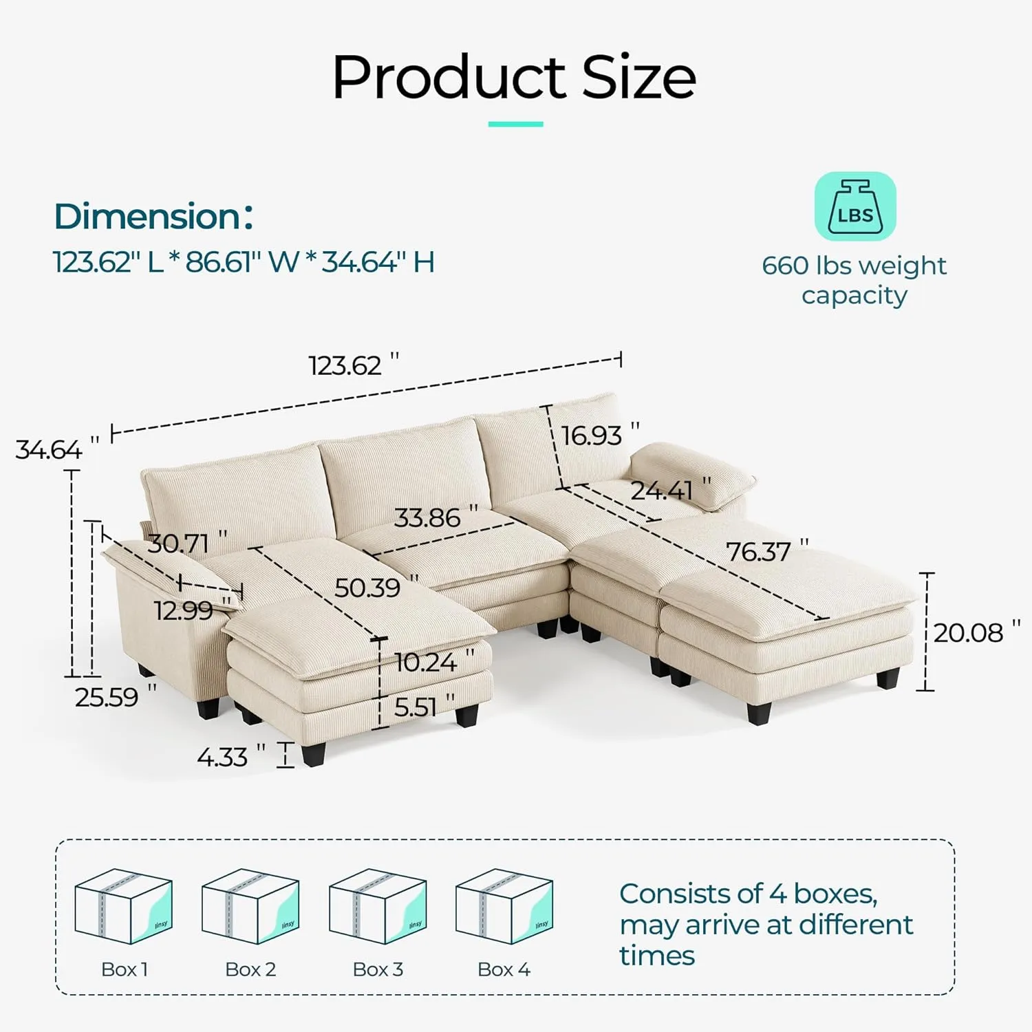 LINSY HOME Sectional Sleeper Sofa - 123'' Modular Cloud Couch Oversized Corduroy Sofa Bed with Movable Ottoman Soft Modern Comfy Couch for Living Room Apartment Office (Beige, 3-Seat & 3-Ottoman)