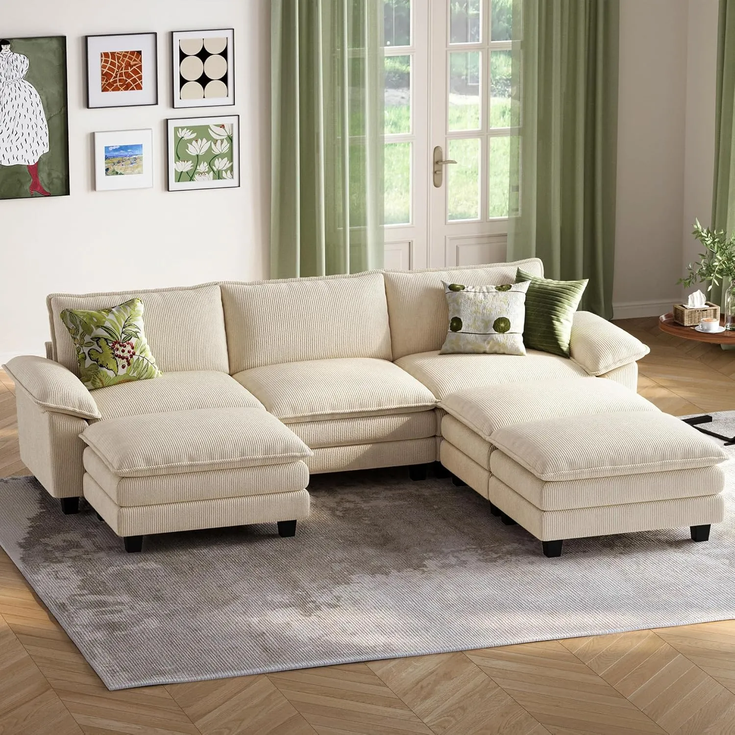 LINSY HOME Sectional Sleeper Sofa - 123'' Modular Cloud Couch Oversized Corduroy Sofa Bed with Movable Ottoman Soft Modern Comfy Couch for Living Room Apartment Office (Beige, 3-Seat & 3-Ottoman)