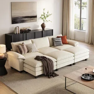 LINSY HOME Sectional Sleeper Sofa - 123'' Modular Cloud Couch Oversized Corduroy Sofa Bed with Movable Ottoman Soft Modern Comfy Couch for Living Room Apartment Office (Beige, 3-Seat & 3-Ottoman)