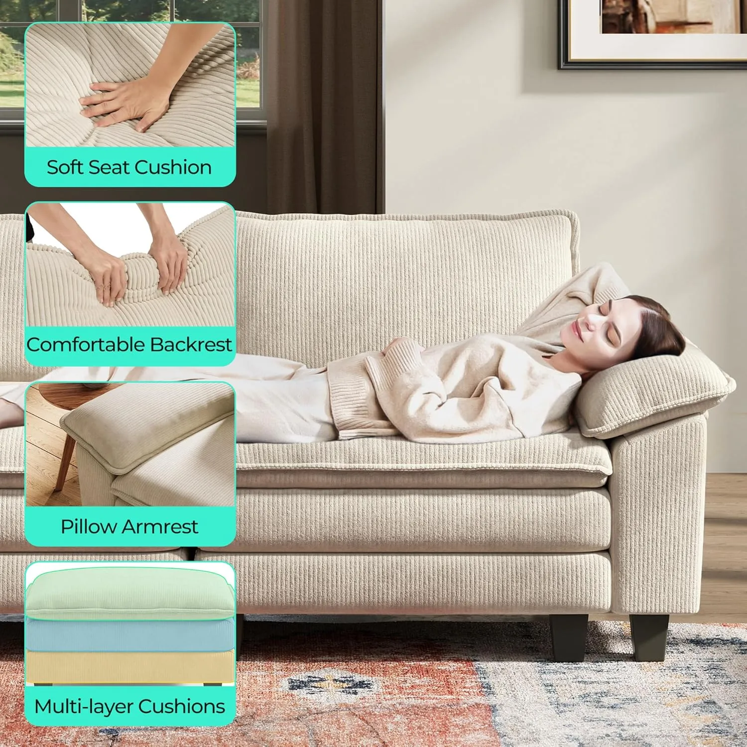 LINSY HOME Sectional Sleeper Sofa - 123'' Modular Cloud Couch Oversized Corduroy Sofa Bed with Movable Ottoman Soft Modern Comfy Couch for Living Room Apartment Office (Beige, 3-Seat & 3-Ottoman)
