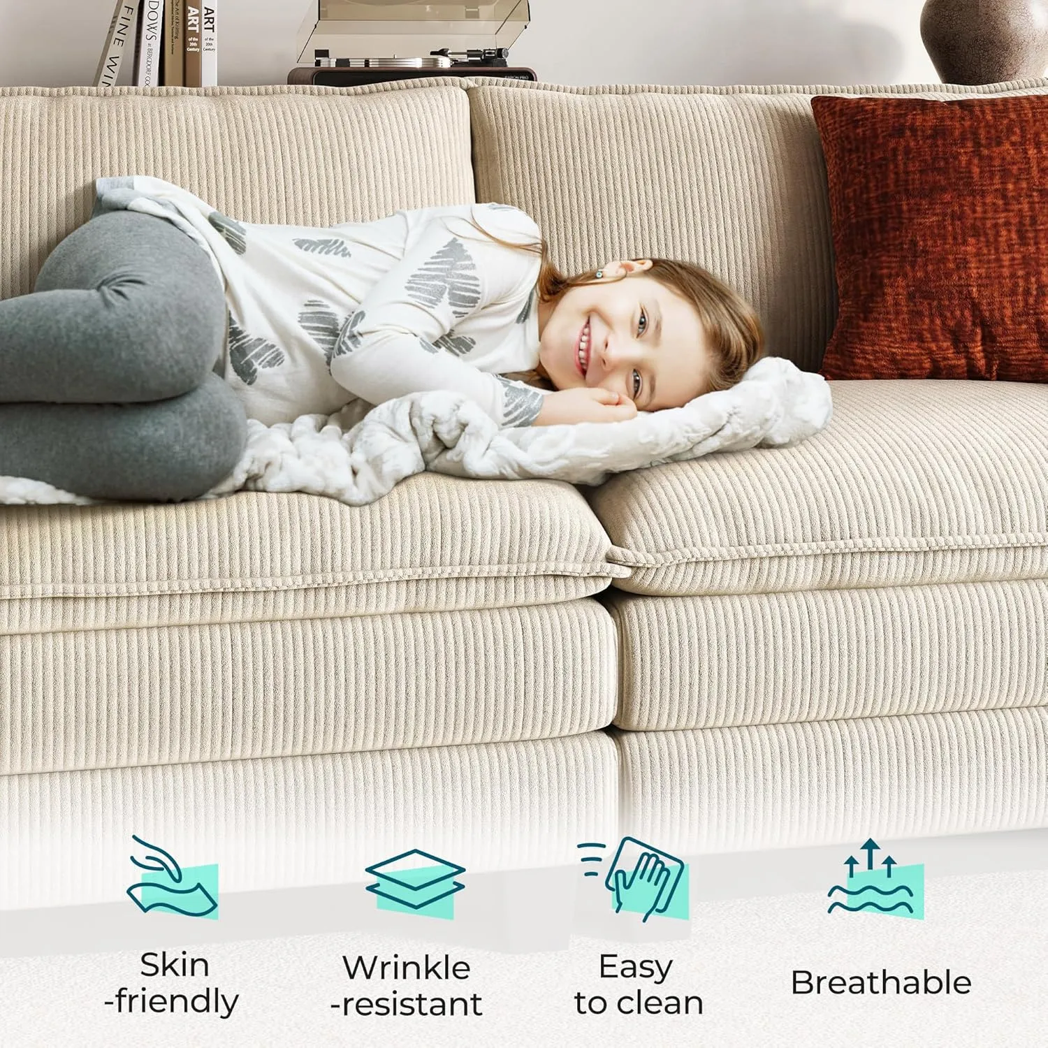 LINSY HOME Sectional Sleeper Sofa - 123'' Modular Cloud Couch Oversized Corduroy Sofa Bed with Movable Ottoman Soft Modern Comfy Couch for Living Room Apartment Office (Beige, 3-Seat & 3-Ottoman)