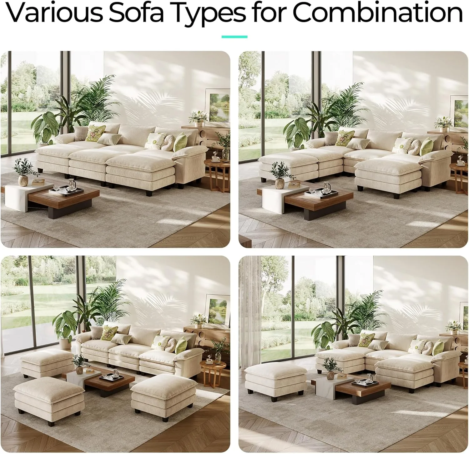 LINSY HOME Sectional Sleeper Sofa - 123'' Modular Cloud Couch Oversized Corduroy Sofa Bed with Movable Ottoman Soft Modern Comfy Couch for Living Room Apartment Office (Beige, 3-Seat & 3-Ottoman)