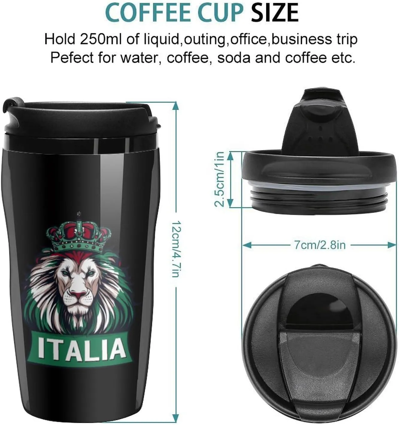 Lion Italy Italian Flag Coffee Mug with Lid Portable Tumbler Water Bottle for Travel Business 250ml