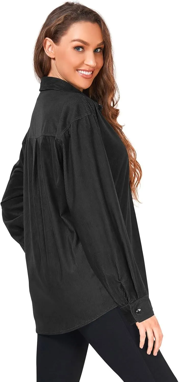 Long Sleeve Corduroy Shirts Black Button-Down Blouses Top for Women Men XS Black