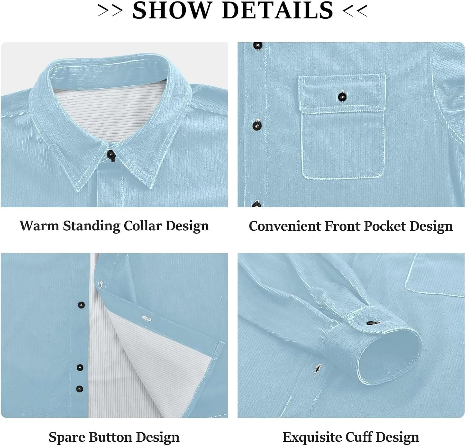 Long Sleeve Corduroy Shirts Black Button-Down Blouses Top for Women Men XS Black