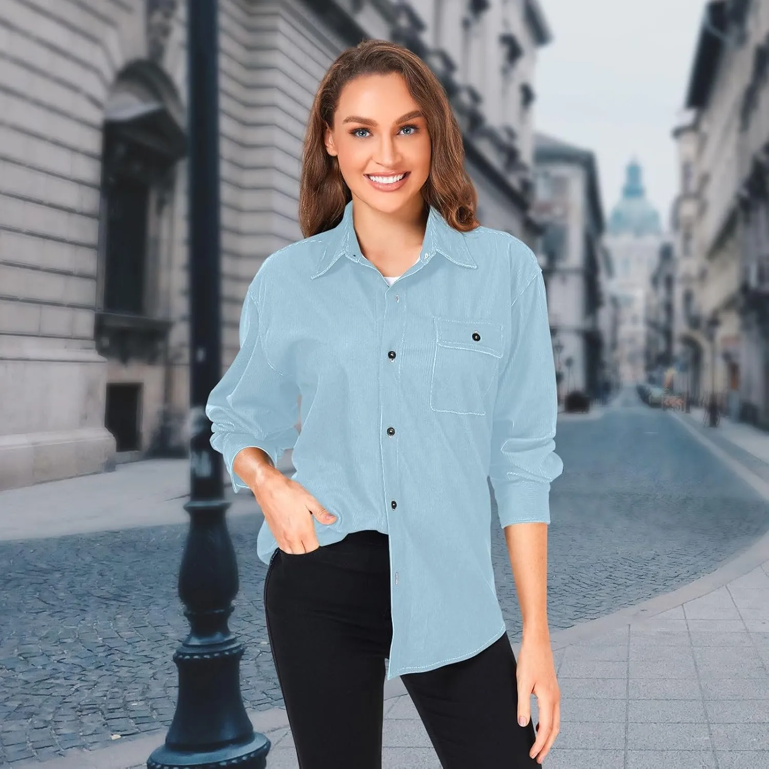 Long Sleeve Corduroy Shirts Black Button-Down Blouses Top for Women Men XS Black
