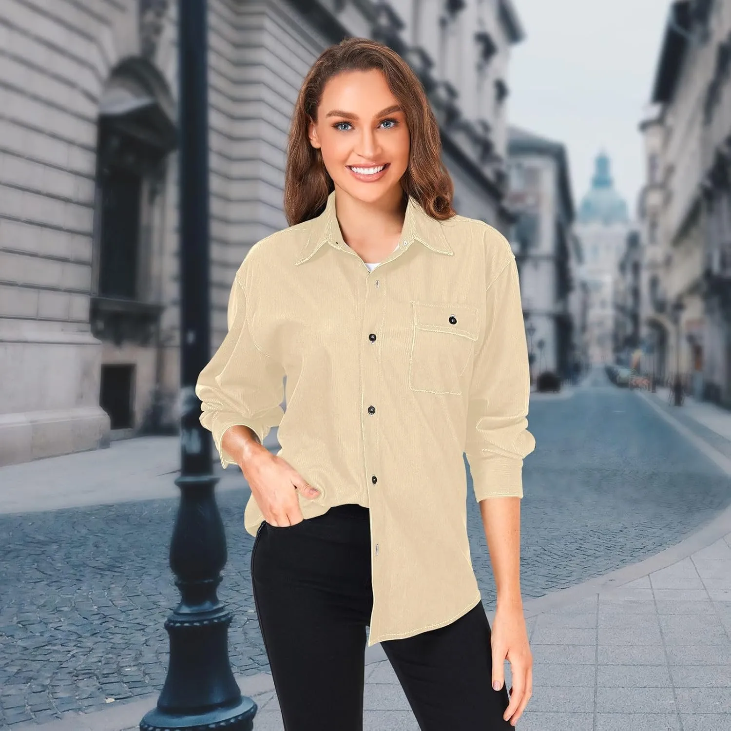 Long Sleeve Corduroy Shirts Black Button-Down Blouses Top for Women Men XS Black
