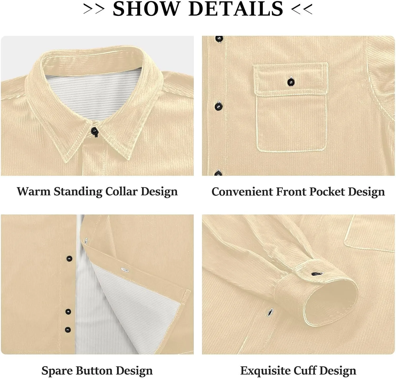 Long Sleeve Corduroy Shirts Black Button-Down Blouses Top for Women Men XS Black