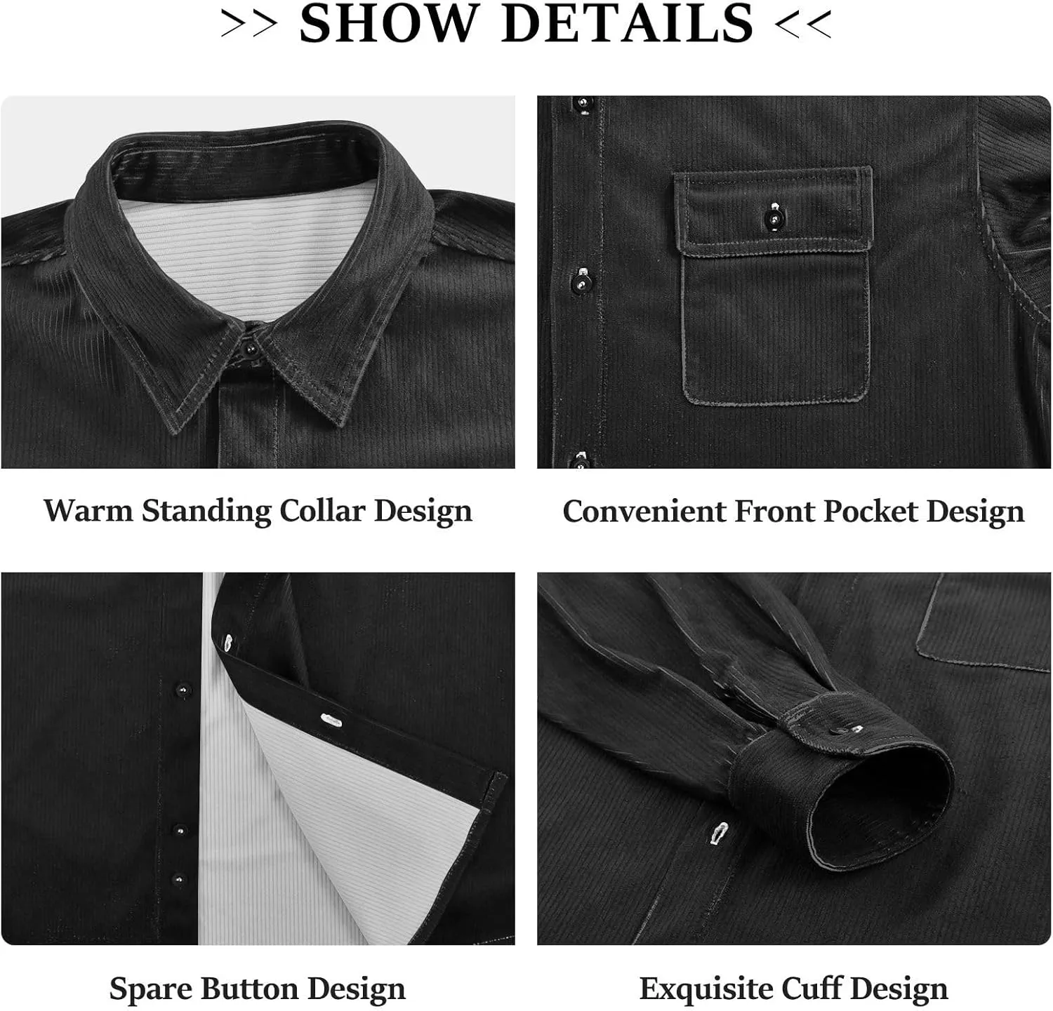 Long Sleeve Corduroy Shirts Black Button-Down Blouses Top for Women Men XS Black