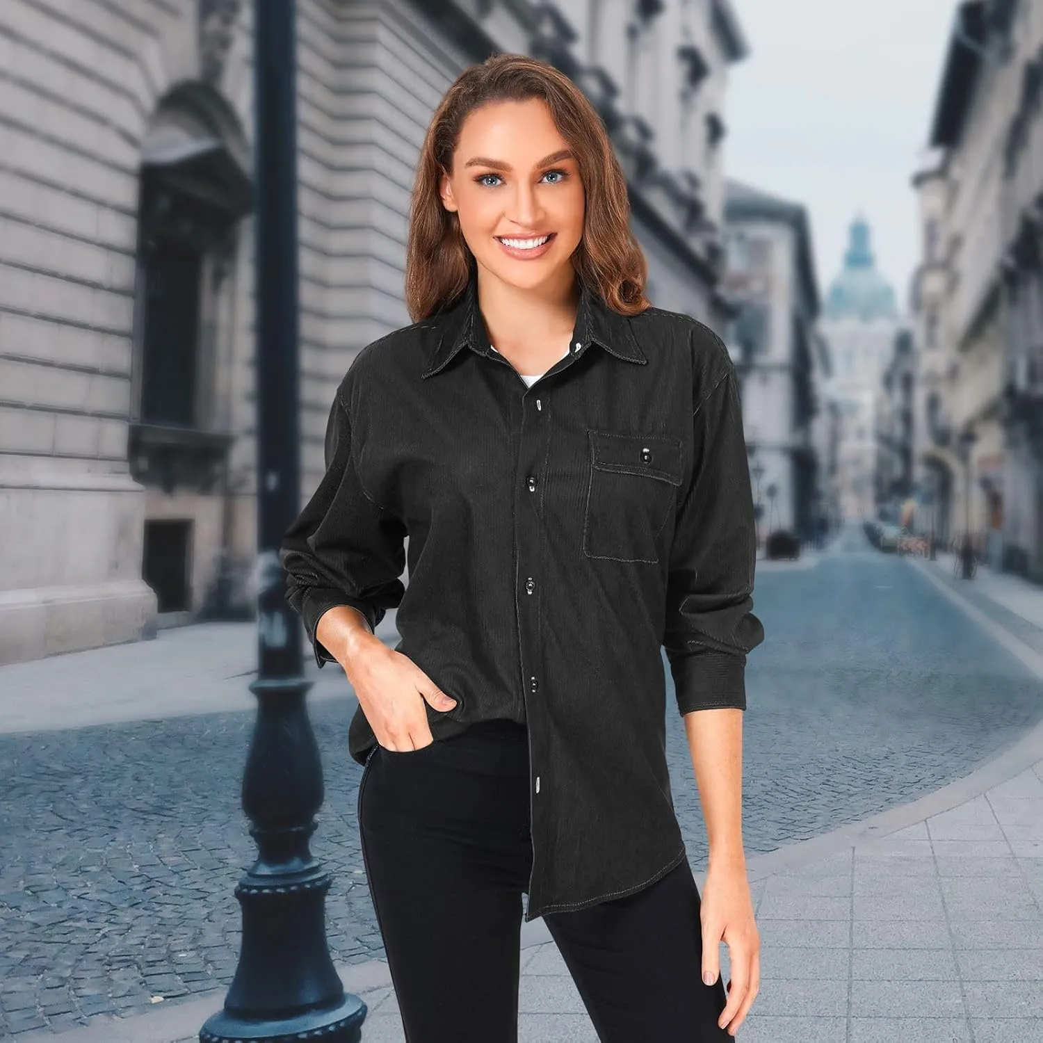Long Sleeve Corduroy Shirts Black Button-Down Blouses Top for Women Men XS Black