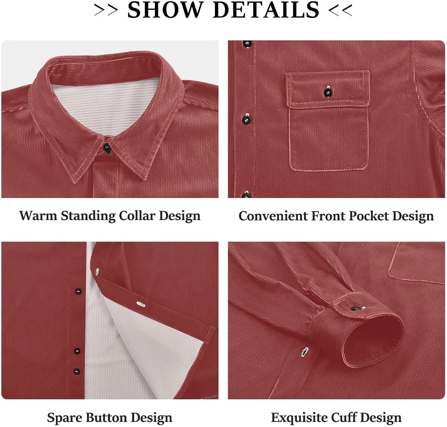 Long Sleeve Corduroy Shirts Black Button-Down Blouses Top for Women Men XS Black