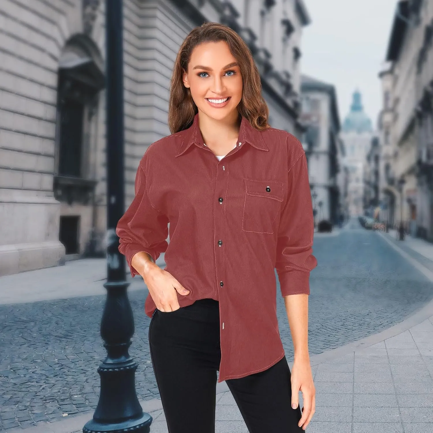 Long Sleeve Corduroy Shirts Black Button-Down Blouses Top for Women Men XS Black