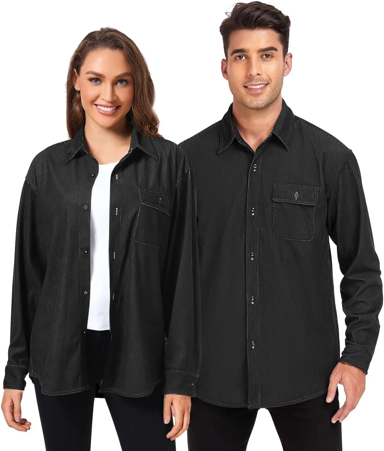 Long Sleeve Corduroy Shirts Black Button-Down Blouses Top for Women Men XS Black