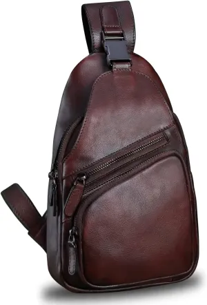 LRTO Genuine Leather Sling Bag Crossbody Purse Handmade Hiking Daypack Motorcycle Bag Retro Shoulder Backpack Vintage Chest Bag (Coffee)