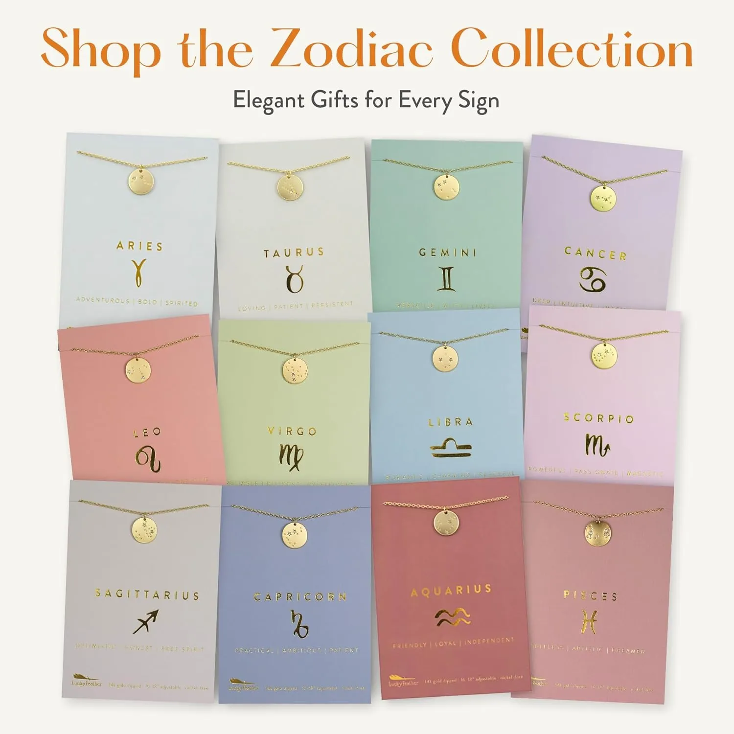 Lucky Feather Zodiac Necklace - 14K Gold-Dipped Constellation Pendant Necklace - Zodiac Sign Birthday Gifts for Women and Girls with Adjustable 16" - 18" Chain