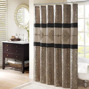 Madison Park Donovan Shower Curtain, Embroidered Jacquard Weave, Color Block Pieced Design, Traditional Bathroom Décor, Machine Washable, Fabric Privacy Screen 72x72 Black