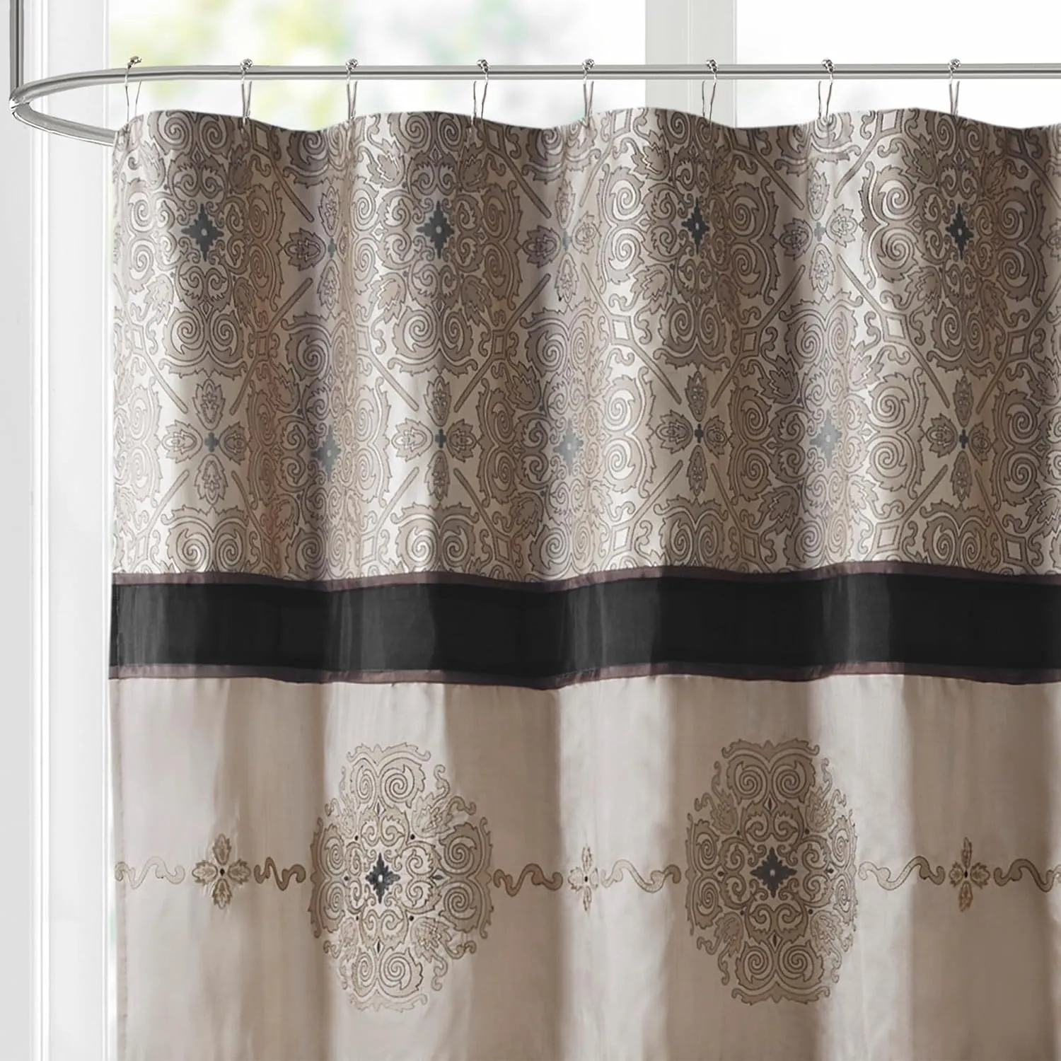 Madison Park Donovan Shower Curtain, Embroidered Jacquard Weave, Color Block Pieced Design, Traditional Bathroom Décor, Machine Washable, Fabric Privacy Screen 72x72 Black