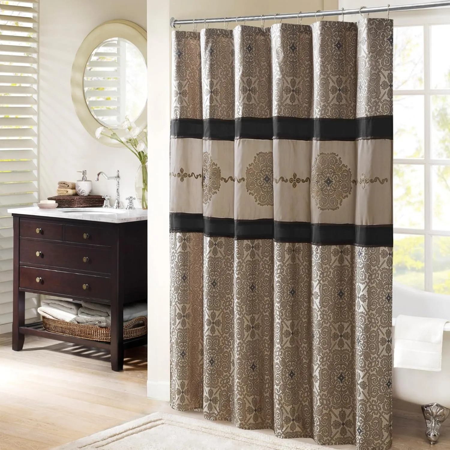 Madison Park Donovan Shower Curtain, Embroidered Jacquard Weave, Color Block Pieced Design, Traditional Bathroom Décor, Machine Washable, Fabric Privacy Screen 72x72 Black