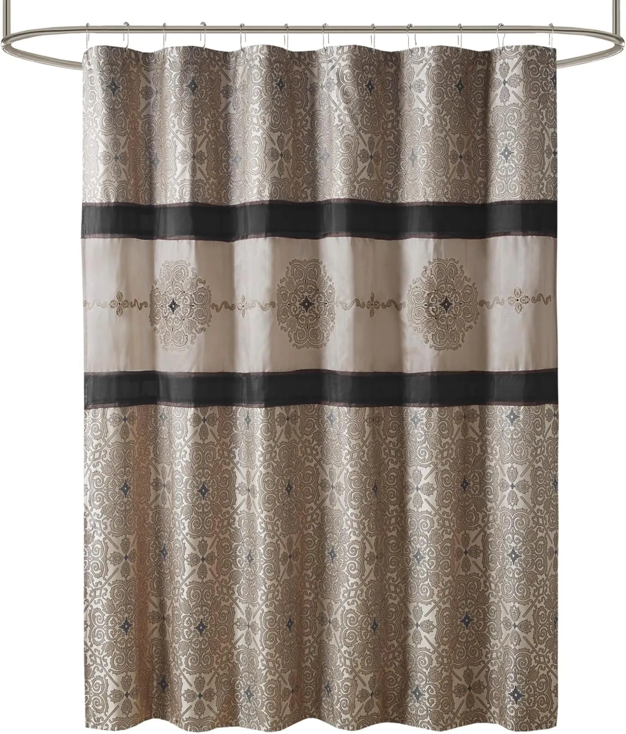 Madison Park Donovan Shower Curtain, Embroidered Jacquard Weave, Color Block Pieced Design, Traditional Bathroom Décor, Machine Washable, Fabric Privacy Screen 72x72 Black