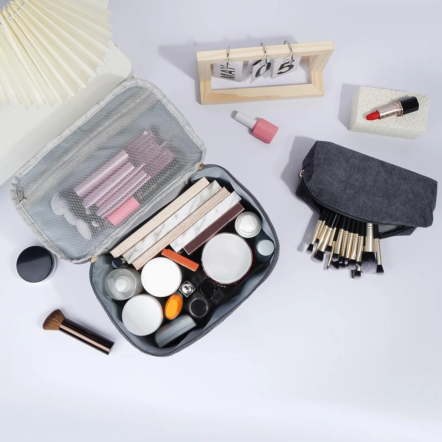 MAGEFY 2Pcs Makeup Bag,Cosmetic Bag Large Capacity with Handle Small Makeup Bag for Purse, Travel Makeup Pouch for Women,Grey
