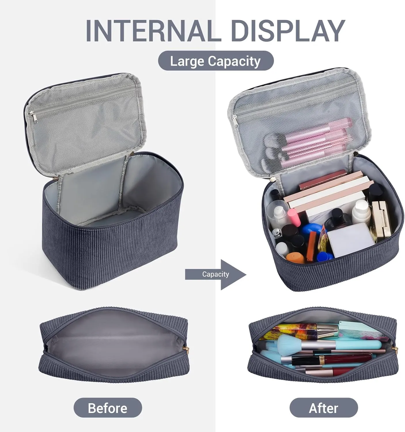 MAGEFY 2Pcs Makeup Bag,Cosmetic Bag Large Capacity with Handle Small Makeup Bag for Purse, Travel Makeup Pouch for Women,Grey