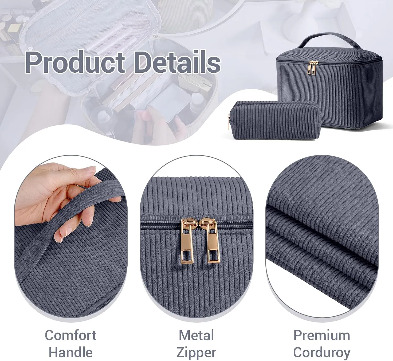 MAGEFY 2Pcs Makeup Bag,Cosmetic Bag Large Capacity with Handle Small Makeup Bag for Purse, Travel Makeup Pouch for Women,Grey