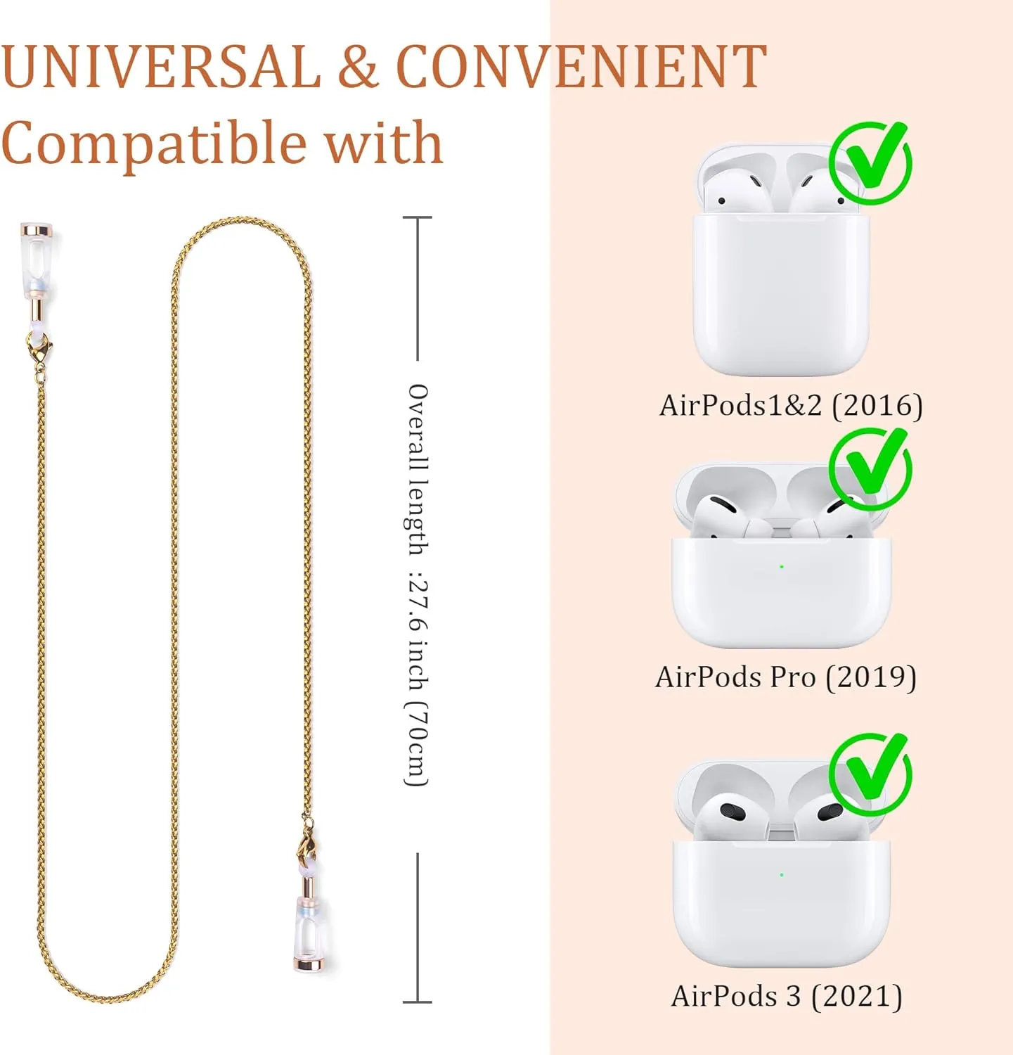 Magnetic Anti-Lost Straps for AirPods, Golden Fishbone Chain Necklace Lanyard String Compatible with AirPods Pro 3 2 1/Pro 1st & 2nd Headphone Holder Neck Rope Cord