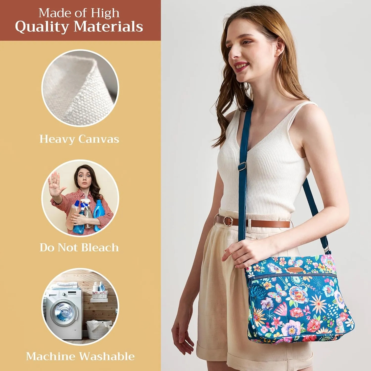 Maison d' Hermine Cross Body Bag Cotton Adjustable Shoulder Strap Hand Bag Tote purse with Zippered & Slip Pockets