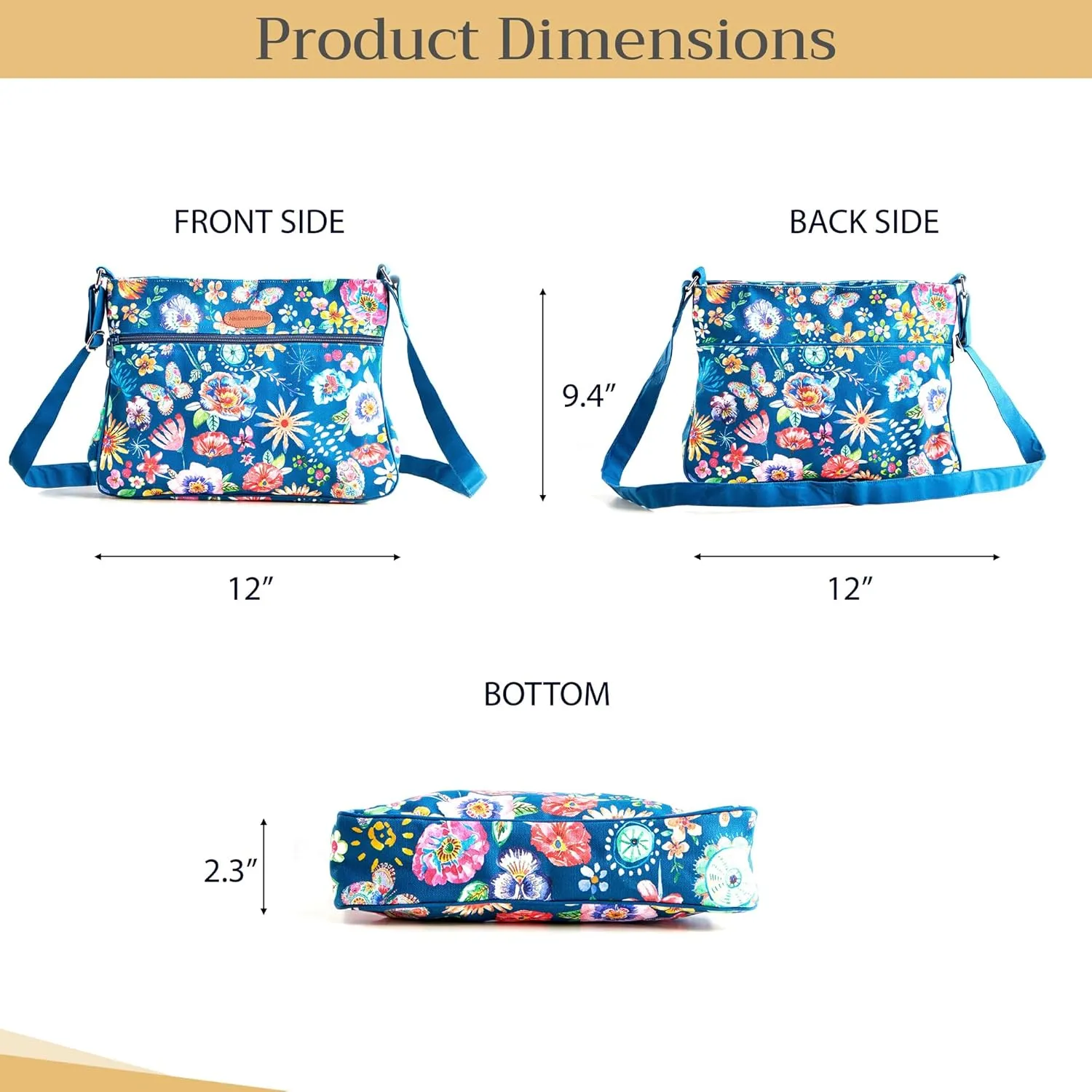 Maison d' Hermine Cross Body Bag Cotton Adjustable Shoulder Strap Hand Bag Tote purse with Zippered & Slip Pockets