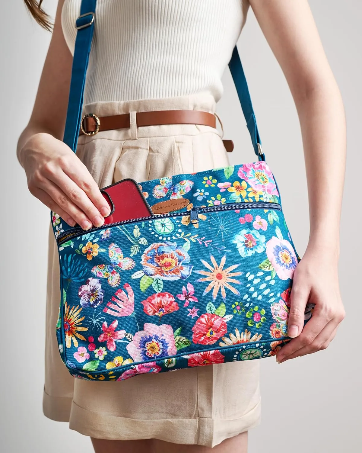 Maison d' Hermine Cross Body Bag Cotton Adjustable Shoulder Strap Hand Bag Tote purse with Zippered & Slip Pockets