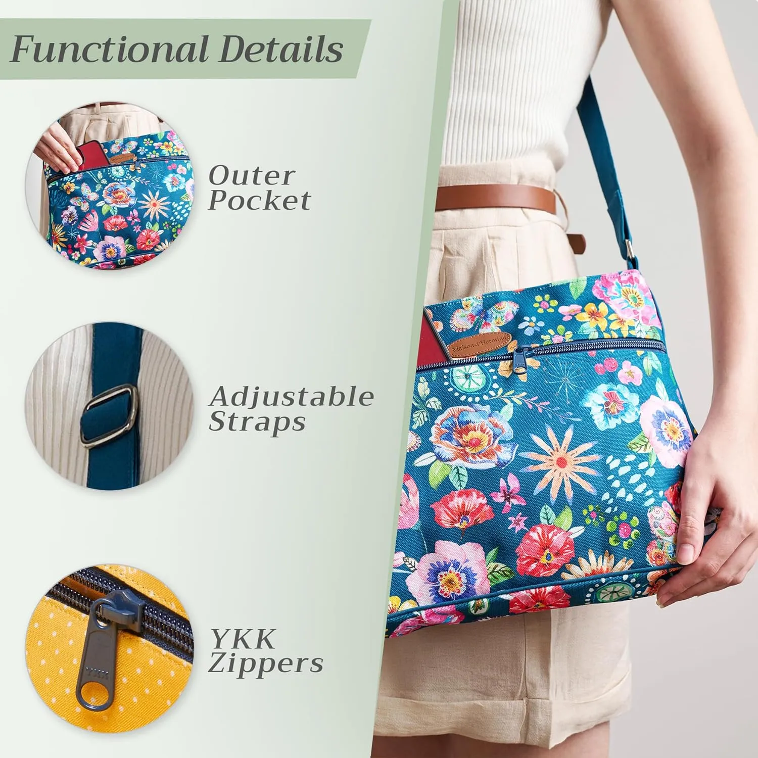 Maison d' Hermine Cross Body Bag Cotton Adjustable Shoulder Strap Hand Bag Tote purse with Zippered & Slip Pockets