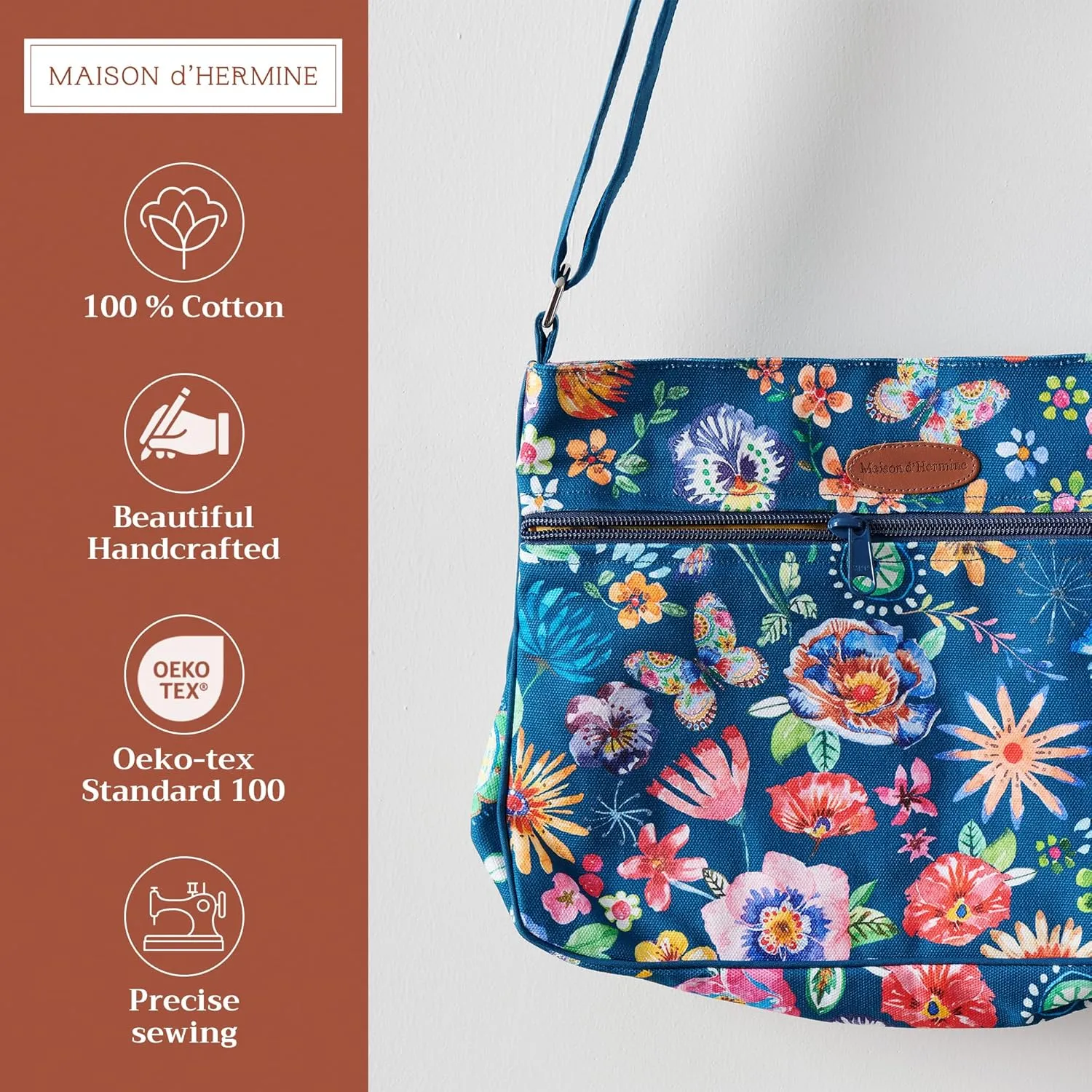 Maison d' Hermine Cross Body Bag Cotton Adjustable Shoulder Strap Hand Bag Tote purse with Zippered & Slip Pockets